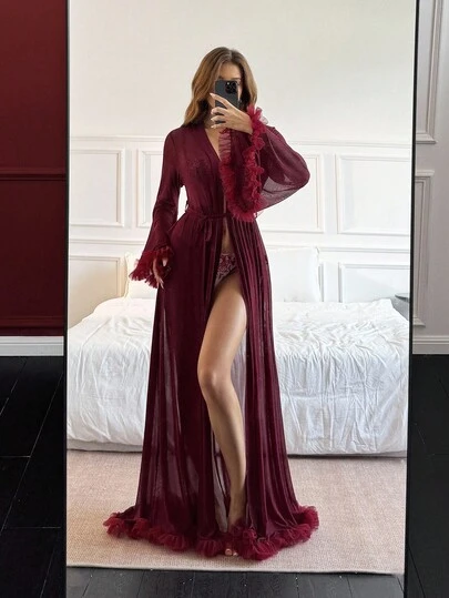 Aloruh This Lady's Autumn Anconita Red Dress Is Perfect For Halloween Costumes - A Sexy See-Through Mesh Lace Nightgown With Lace Trim. The Long Red Design Is Suitable For Both Vacation Wear And The Elegant Dressing Of Home-Based Women. It Can Also Be Used As A Nightgown Outerwear.