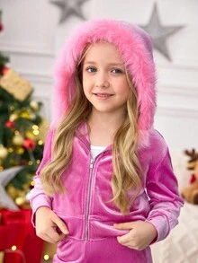 Set de 2 piezas de sudadera con capucha de terciopelo elegante y cómoda y pantalones jogger para niñas jóvenes, conjunto de atuendo casual y vintage lindo para otoño/invierno, estilos a juego madre-hija, hermana - Rosa - Ver 5
