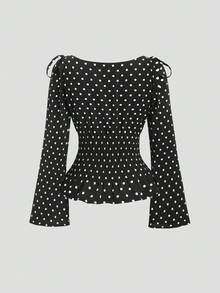 Sweetra New Autumn/Winter French Elegant Fashion Polka Dot Shoulder Bowknot Waist Slimming Casual Commute Versatile Bell Sleeve Women Blouse - Black - View 2