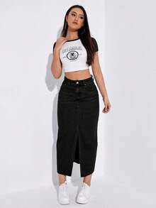 SHEIN ICON Women's Casual Daily Cat Whisker Slit Denim Skirt - Black - View 5