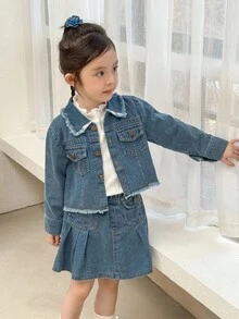 Genkimix Kids 时尚少女牛仔两件套：短款外套+时尚半裙，秋冬季休闲穿搭 - 深色水洗藍 - 查看 5