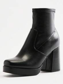 Solezae Botines de plataforma con tacón grueso y punta cuadrada, cómodos y de moda para mujer - Negro - Ver 5