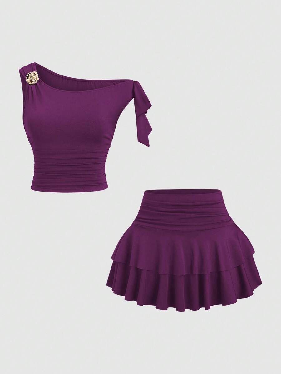 Sweetra Women's Summer Bronze Metallic Flower Decor Camisole & Pleated Layered Mini Skirt Set - Purple - View 1