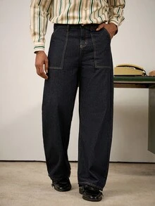 Manfinity Homme 男士深蓝色休闲宽松牛仔裤 - 深色水洗藍 - 查看 4