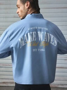 AXEPEAK 休闲街头宽松短款长袖男士衬衫，秋季 - 霧霾藍 - 查看 3