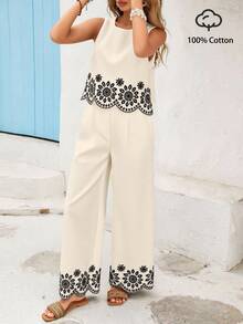 Vivid Eden 女士优雅棉质刺绣吊带背心和裤子两件套 - 白色 - 查看 1
