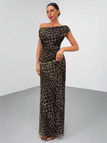 Leopard Printed, Mesh Fabric, Long Dreses - Multicolor - View 3
