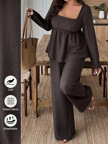 Weeklong 大码度假休闲纯色衬衫和裤子两件套