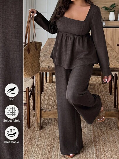 Weeklong Ensemble 2 pièces chemise et pantalon décontracté de grande taille, couleur unie, pour vacances