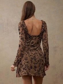 WESTFADE Đầm mini tay dài cổ chữ V thắt nơ họa tiết lưới hoa, thường ngày, trang phục dễ thương mùa thu, trang phục Boho, mùa thu, mùa đông, trang phục phương Tây dành cho nữ - màu nâu - Xem 2