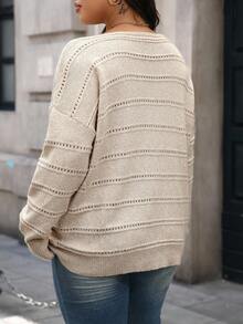 SHEIN CURVE+ 大码女款大码圆领宽松针织毛衣，简约风格，适合度假和休闲穿着，适合秋冬季、万圣节、圣诞节、返校季 - 杏色 - 查看 2