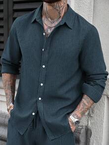 Manfinity CasualCool Men's Solid Color Casual Linen Long Sleeve Shirt, Fall Teal Men Shirt Casual Men Shirt Boho Men Shirt Men Textured Shirt Men Shirts Linen, Formal - Green - View 5