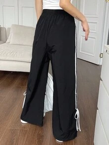 DAZY 條紋側邊束繩腰寬腿褲 - 黑色 - 查看 4