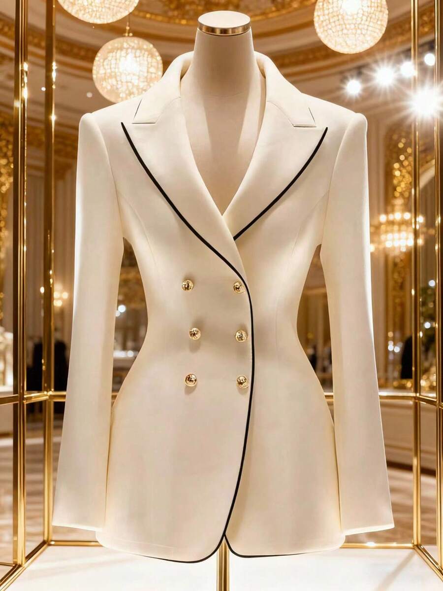 Lyxana Elegant Minimalist Double-Breasted Slim Fit Black Trim Detail Suit Jacket, Suitable For Daily Commute Fall Cloth For Women - Apricot - View 1