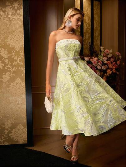 MOTF Soiréza 女士提花刺绣抹胸拼布喇叭下摆礼服鸡尾酒会筒裙（不含腰带）