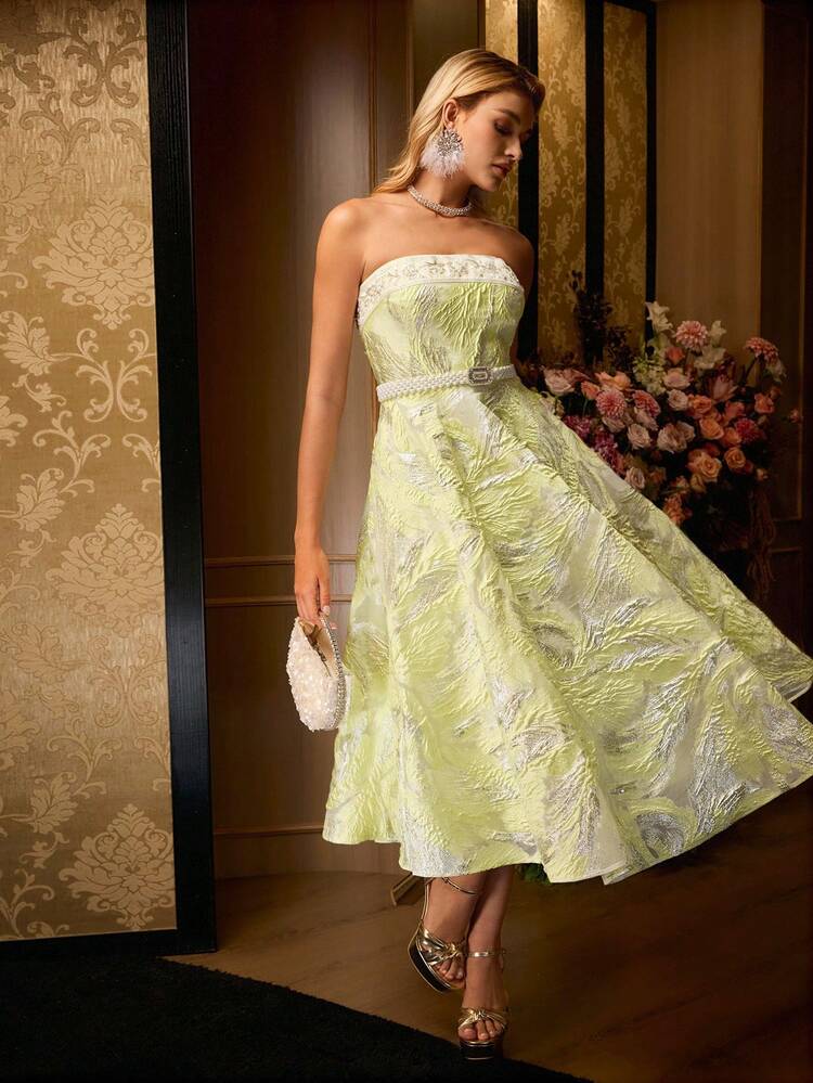 MOTF Soiréza WOMEN'S JACQUARD EMBROIDERED BANDEAU PATCHWORK FLARE HEM CEREMONIAL COCKTAIL TUBE DRESS WITHOUT BELT