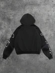 ROMWE MEN Street Life Spring Casual Graphic Men'S Hooded Sweatshirt, Casual Street Style, Popular American Eye Graphic Print Short Hoodie, Autumn/Winter, Long Sleeve Top - Black - View 2