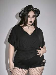 ROMWE Deep V-Neck Batwing Sleeve Loose Ruched Stretchy Plus Size T-Shirt - Black - View 6
