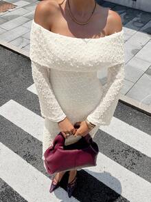 Chiquease Off Shoulder Knit Bodycon Dress, Sexy & Slimming, Long Sleeve - Apricot - View 3