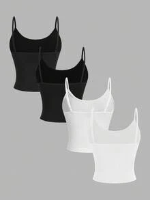 SHEIN EZwear 4 件套女士休闲紧身字母刺绣图案短款背心套装，百搭、舒适、时尚，适合夏季 - 彩色 - 查看 2