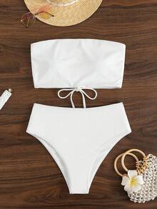 Swim Basics Bãi biển mùa hè Sườn-Đan Bikini Set Ren Up Bandeau Áo Bra Top & Bikini Eo Cao Đáy 2 Mảnh Bikini - trắng - Xem 4