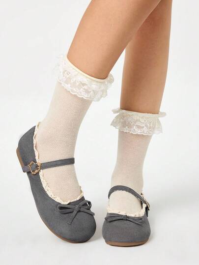 Kawaii Women's Brown Loafers, Closed Toe Mary Jane Shoes, Bow Lace Lolita Ballet Flats