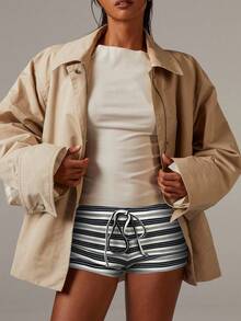 Athîral Women's Stripe Tie Waist Casual Jersey Shorts - Multicolor - View 3