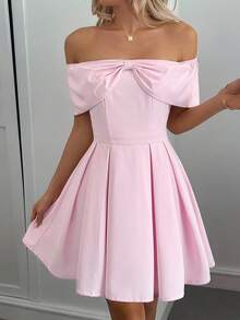 INAWLY Vestido Elegante e Delicado de Ombro Caído de Cor Sólida e Doce para Mulheres