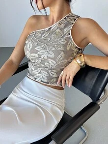 Firerie Women's Elegant Sequin Embroidered Jacquard One Shoulder Top,Gray Summer Party Gold Asymmetrical Birthday Top For Wedding Guest,Graduation,Prom,Work - Black - View 2