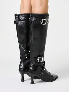 ROMWE Grunge Punk 2025春秋新款女士尖头铆钉扣带高筒靴，真皮高跟及膝靴 - 黑色 - 查看 5