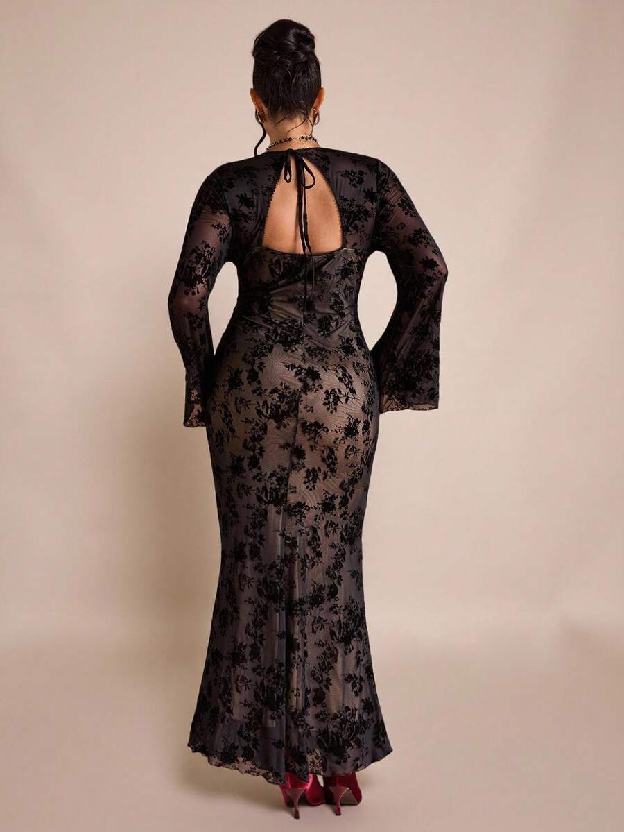 SHEIN BAE Plus Size Women's Black Jacquard Formal Evening Dress,Elegant Autumn Long Sleeve Corset Dress For Party & ,Halloween Birthday Concert Outfits