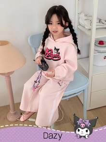DAZY HELLO KITTY AND FRIENDS | SHEIN 少女针织卡通图案保暖连帽衫和裤子套装，秋季 - 粉色 - 查看 1
