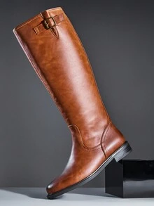 SHUZIA Botas altas de motorista con hebilla, puntera redonda y tacón ancho para mujer - Versátiles y cómodas