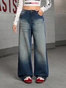 少女 Y2K 风格水洗蓝色宽松休闲牛仔裤，直筒裤，适合日常时尚
