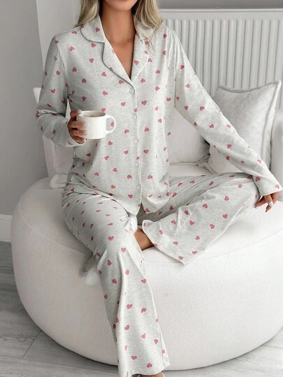 SHEIN Tall TALL SIZE Cotton Women 2 Pcs Heart Pattern With Button Front Detail Homewear Comfort Pajama Set For Ladies