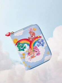 SHEIN X Care Bears 1个可爱卡通幸运熊、温柔熊、爱心熊、友谊熊图案拉链PU皮短钱包，风琴式内里，卡槽，适合女士和学生使用 - 藍色 - 查看 2