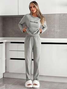 EURMUSE Women Rib Knit With Contrast Colour Stitch Detail Lettered Homewear Lounge Set For Ladies - Grey - View 7