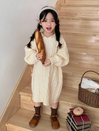 DAZY 女童麻花针织扭结纯色中长毛衣连衣裙，韩版风格，秋冬款