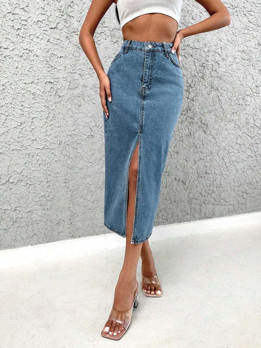 EURMUSE 女士休闲水洗牛仔不对称口袋开衩裙，夏季 - 藍色 - 查看 1