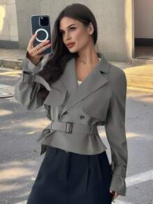 Firerie 女式新款卡其色腰带风衣，带口袋，秋冬女装 - 灰色 - 查看 3