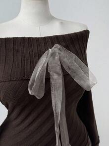 Flirla 复古可爱粗针织不对称下摆露肩蝴蝶结套头毛衣，秋冬棕色衬衫，哥特式上衣，巧克力棕色上衣，深棕色上衣，复古秋季 - 棕色 - 查看 3