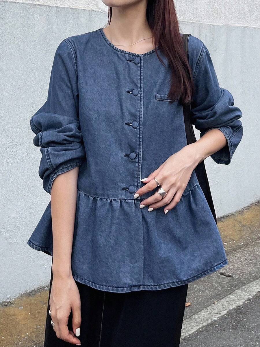 FRIFUL 女式休闲水洗牛仔荷叶边夹克