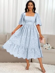 SHEIN Lady Váy dài vừa phải thêu rỗng màu trơn thanh lịch dành cho nữ - Màu xanh nhạt - Xem 7