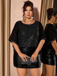 Cravure Plus Size Women's Luxury Party Style Versatile Fashion Slim Fit Glitter Elegant Blouse, Suitable For Gatherings And Banquets