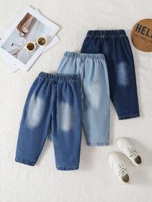 SHEIN Bộ 3 quần jeans phong cách thường ngày cho bé gái, màu xanh nhạt, xanh vừa, xanh đậm, dáng ôm, chất liệu denim cotton thoải mái, thích hợp mặc hàng ngày, xuân/hè/thu/đông - Nhiều màu - Xem 2