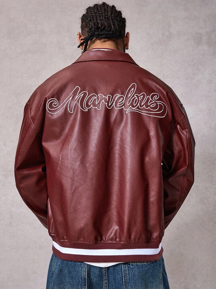 Autumn/Winter Letter Embroidery Contrast Color Ribbed PU Leather Fabric Street Style Men Jacket And Coat