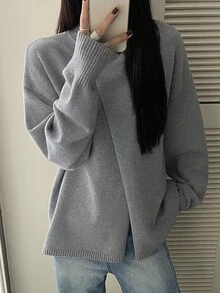 Livesso 女士宽松商务休闲不对称领套头毛衣，纯色简约基本款上衣，秋冬 - 灰色 - 查看 3