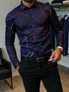 Manfinity Mode Navy Blue Patterned Casual Dress Shirt, Suitable For Daily Wear, Boyfriend Gift, Business Casual, Fall