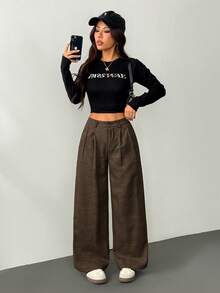 SHEIN PETITE Casual Vintage Pleated Plaid Suit Pants, Autumn And Winter Graduation,Back To School,Teacher Outfits For Women Baggy - Coffee Brown - View 10