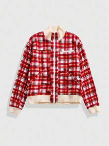 ROMWE MEN Prep Men's Plaid Long Sleeve Zip-Up Casual Jacket, Autumn/Winter - Red and White - View 1